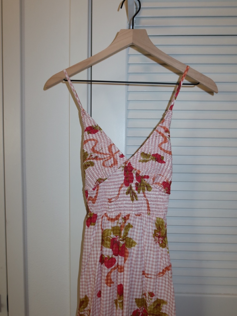 Kimchi Blue Pink Gingham Maxi Dress with Strawberry Floral Print - Picture 2 of 6